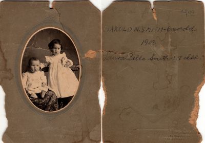 Click to view full size image
==============
Harold N. Smith & Laura Belle Smith
This was Donated by Sue Pool
This damaged photo mounted on board states: "Harold N. Smith-6 months old, 1903 & Laura Belle Smith, 1st child"
The Photographer was in Boston, Massachusetts.
Harold N. Smith & Laura Belle Smith
This was Donated by Sue Pool
This damaged photo mounted on board states: "Harold N. Smith-6 months old, 1903 & Laura Belle Smith, 1st child"
The Photographer was in Boston, Massachusetts.