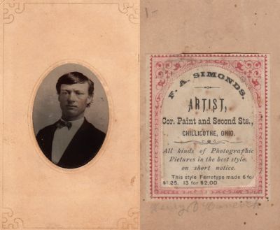 Click to view full size image
==============
Henry D. Hancock
THIS HAS BEEN RETURNED TO FAMILY
This Tintype Photo States: "Henry D. Hancock".
The Photographers name is "F. A. Simmons", Chillicothe, Ohio.
Henry D. Hancock
THIS HAS BEEN RETURNED TO FAMILY
This Tintype Photo States: "Henry D. Hancock".
The Photographers name is "F. A. Simmons", Chillicothe, Ohio.