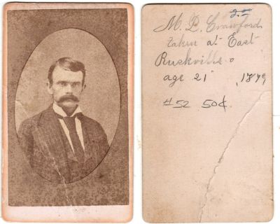 Click to view full size image
==============
M. L. Crawford
This was Donated by by Cheryl Webber/The Terry Girls Genealogy.
This CdV Photograph states: "M. L. Crawford, taken at East Ruskville, Ohio, age 21, 1879"
M. L. Crawford
This was Donated by by Cheryl Webber/The Terry Girls Genealogy.
This CdV Photograph states: "M. L. Crawford, taken at East Ruskville, Ohio, age 21, 1879"