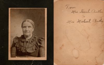 Sarah Butler

This photo mounted on board states: "From Sarah Butler to Mrs. Michael Butler"

The Photographer was in Champaign, Illinois
