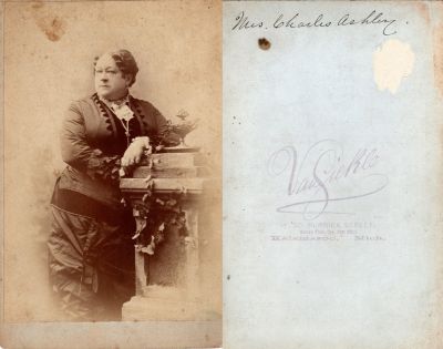 Click to view full size image
==============
Mrs. Charles Ashley
This Cabinet Card Photo states: "Mrs. Charles Ashley"
The Photographers name is "Van Sickle", Kalamazoo, Michigan
Mrs. Charles Ashley
This Cabinet Card Photo states: "Mrs. Charles Ashley"
The Photographers name is "Van Sickle", Kalamazoo, Michigan