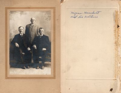 Click to view full size image
==============
Myron H. Hanchett & His Two Brothers
This photo mounted on board states: "Myron Hanchett & two brothers"
The Photographers name is "Rath", Appleton, Wisconsin
Myron H. Hanchett & His Two Brothers
This photo mounted on board states: "Myron Hanchett & two brothers"
The Photographers name is "Rath", Appleton, Wisconsin