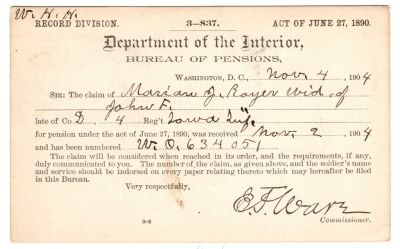 John F. Royer Civil War Document

This was Donated by Mary Muhlfeld

Civil War Document for John F. Royer
