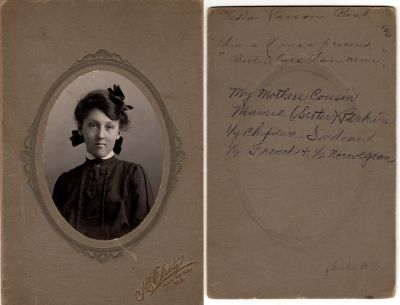 Click to view full size image
==============
Mayme Setter Perkins
This was Donated by by Cheryl Webber/The Terry Girls Genealogy.
This photo mounted on board was sent to Vedia Parson Best as a Christmas present.
The back states: "Vedia Parson Best. This is a Xmas present. "Better late than never"
"My mothers cousin, Mamie (Setter) Perkins"
See back for further description
Mayme Setter Perkins
This was Donated by by Cheryl Webber/The Terry Girls Genealogy.
This photo mounted on board was sent to Vedia Parson Best as a Christmas present.
The back states: "Vedia Parson Best. This is a Xmas present. "Better late than never"
"My mothers cousin, Mamie (Setter) Perkins"
See back for further description