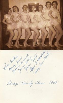 Pledge Variety Show 1956

This Photo States: "Pledge Variety Show", 1956.

The Back States: Ruth ? , Nancy Jones, Jeanne ? , Janice Allen, Joyce Curtis, Jane A. Marshall & Mary Ann Clark.
