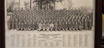 Click to view full size image
==============
Battery A, 6th Antiaircraft Training Battalion, Fort Eustis, Virginia, December 1943
THIS WAS SHARED BY CLARA COFFEY JOHNSTON
This is a photo of Battery A, 6th Antiaircraft Training Battalion, Fort Eustis, Virginia, December 1943.
Battery A, 6th Antiaircraft Training Battalion, Fort Eustis, Virginia, December 1943
THIS WAS SHARED BY CLARA COFFEY JOHNSTON
This is a photo of Battery A, 6th Antiaircraft Training Battalion, Fort Eustis, Virginia, December 1943.