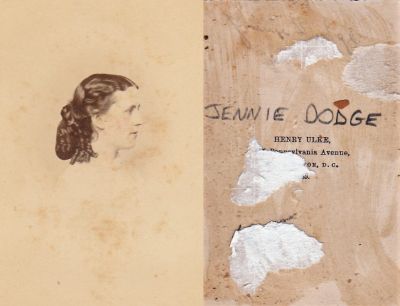 Click to view full size image
==============
Jennie V. Dodge
THIS HAS BEEN RETURNED TO FAMILY
JENNIE V. DODGE (1846-1910)
NEVER MARRIED.
Jennie V. Dodge
THIS HAS BEEN RETURNED TO FAMILY
JENNIE V. DODGE (1846-1910)
NEVER MARRIED.