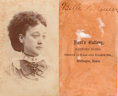 Belle Lorimer


This CdV Photograph states: "Belle Lorimer"

The Photographers name is "Roots Gallery", Dubuque, Ohio.

