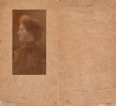 Click to view full size image
==============
Ada Eva Enright
THIS HAS BEEN RETURNED TO FAMILY
This was Donated by Carolyn F. Hall.
This photo mounted on board states: "Ada Enright, Menlo, Iowa
The Photographers name is "Townsend's", Iowa City, Iowa
Ada Eva Enright
THIS HAS BEEN RETURNED TO FAMILY
This was Donated by Carolyn F. Hall.
This photo mounted on board states: "Ada Enright, Menlo, Iowa
The Photographers name is "Townsend's", Iowa City, Iowa
