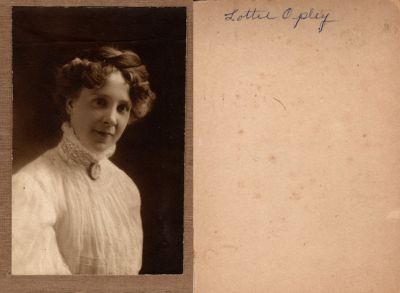 Charlotte C. "Lottie" Bugbee Apley

This was Donated by Carolyn F. Hall

This photo mounted on board states: "Lottie Opley"

