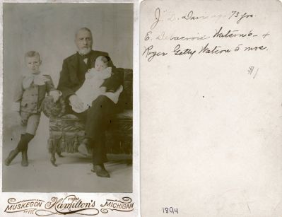 Click to view full size image
==============
J. D. Davis, Edwin Delacroix Watson & Roger Getty Watson
This was Donated
This Cabinet Card Photo states: "J. D. Davis, 73 years, E. Delacroix Watson, 6 years, 4 months & Roger Getty Watson, 5 months"
The Photographers name is "Hamilton's", Muskegon, Michigan
NOTE: This Cabinet Card Photo is very faint. I have enhanced the photo for this posting.
J. D. Davis, Edwin Delacroix Watson & Roger Getty Watson
This was Donated
This Cabinet Card Photo states: "J. D. Davis, 73 years, E. Delacroix Watson, 6 years, 4 months & Roger Getty Watson, 5 months"
The Photographers name is "Hamilton's", Muskegon, Michigan
NOTE: This Cabinet Card Photo is very faint. I have enhanced the photo for this posting.