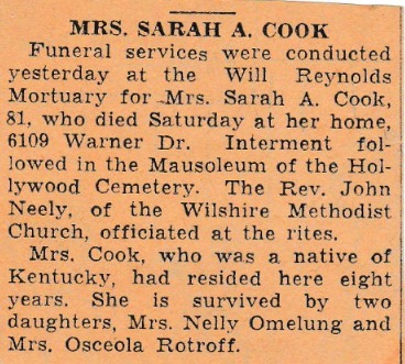 Mrs. Sarah A. Cook
THIS HAS BEEN RETURNED TO FAMILY

Obituary Notice for Mrs. Sarah A. Cook.
