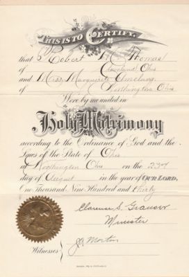 Robert M. Thomas & Marguerite Amelung

THIS HAS BEEN RETURNED TO FAMILY

Marriage Certificate of Robert M. Thomas & Marguerite Amelung.
