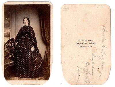 Click to view full size image
==============
Annie E. Anglemyer
THIS HAS BEEN DONATED TO THE DOYLESTOWN HISTORICAL SOCIETY
This was Donated by Cheryl Webber/The Terry Girls Genealogy.
This CdV Photograph states: "Annie E. Anglemyer, Doylestown, Bucks, Pennsylvania
The Photographers name is "S. F. DuBois", Doylestown, Pennsylvania
Annie E. Anglemyer
THIS HAS BEEN DONATED TO THE DOYLESTOWN HISTORICAL SOCIETY
This was Donated by Cheryl Webber/The Terry Girls Genealogy.
This CdV Photograph states: "Annie E. Anglemyer, Doylestown, Bucks, Pennsylvania
The Photographers name is "S. F. DuBois", Doylestown, Pennsylvania