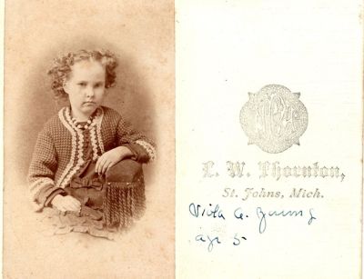 Click to view full size image
==============
Viola A. Young
This was Donated by Cheryl Webber/The Terry Girls Genealogy.
This CdV Photograph states: "Viola A. Young, age 5"
The Photographers name is "Thorton", St. Johns, Michigan
Viola A. Young
This was Donated by Cheryl Webber/The Terry Girls Genealogy.
This CdV Photograph states: "Viola A. Young, age 5"
The Photographers name is "Thorton", St. Johns, Michigan