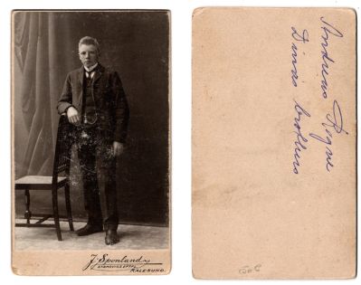 Andreas Rogue
This was Donated by Cheryl Webber/The Terry Girls Genealogy.

This CdV Photograph states: "Andreas Rogue, Dina's brother"

The Photographers name is "Sponland", Ålesund, Norway.

NOTE: The city was historically spelled Aalesund before 1921, which is an older form of the name using "aa" instead of the modern Norwegian letter "å". The name change reflects a 1917 Norwegian spelling reform that replaced "aa" with "å" in official use, although "Aalesund" is still used today, for example, by the local football team, Aalesunds FK
