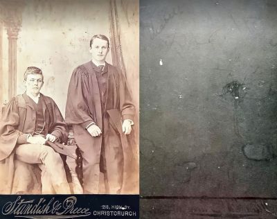 Click to view full size image
==============
Unidentified & George Frederick Tendall
THIS HAS BEEN RETURNED TO FAMILY
This Cabinet Card Photo States: "______ & Dad"
NOTE: Dad is George Frederick Tendall
The Photographers name is "Standish & Preece", 218 High Street, Christchurch, New Zealand.
Unidentified & George Frederick Tendall
THIS HAS BEEN RETURNED TO FAMILY
This Cabinet Card Photo States: "______ & Dad"
NOTE: Dad is George Frederick Tendall
The Photographers name is "Standish & Preece", 218 High Street, Christchurch, New Zealand.