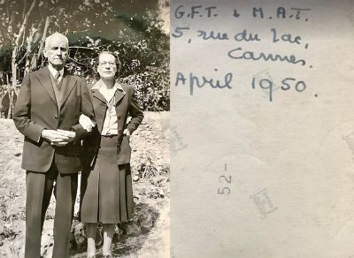 George Frederick Tendall & Maisey A. Mackey Tendall

THIS HAS BEEN RETURNED TO FAMILY

This Photo States: "G. F. T. & M. A. T., But they lived at 5, Rue du Lac (Lake Street) Cannes, France. April 1950.

This is a photo of George Frederick Tendall & his second wife, Maisey A. Mackay Tendall.

Transcribed by Tenna Weber Olsson

