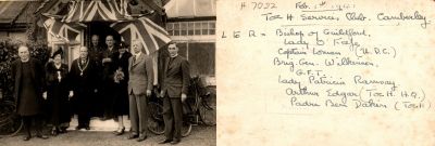 Click to view full size image
==============
Toc H Services Club
THIS HAS BEEN RETURNED TO FAMILY
This Photo States: "1 February 1941, Toc H Services Club, Camberley.
Left To Right
Bishop of Guildford, Lady O'Keefe, Captain Loman (U. D. C.), Brig. Gen. Wilkinson, G. F. T., Lady Patricia Ramsay, Arthur Edgar (Toc H. H. Q.), Padre Ben Dakin (Toc H)"
Toc H Services Club
THIS HAS BEEN RETURNED TO FAMILY
This Photo States: "1 February 1941, Toc H Services Club, Camberley.
Left To Right
Bishop of Guildford, Lady O'Keefe, Captain Loman (U. D. C.), Brig. Gen. Wilkinson, G. F. T., Lady Patricia Ramsay, Arthur Edgar (Toc H. H. Q.), Padre Ben Dakin (Toc H)"
