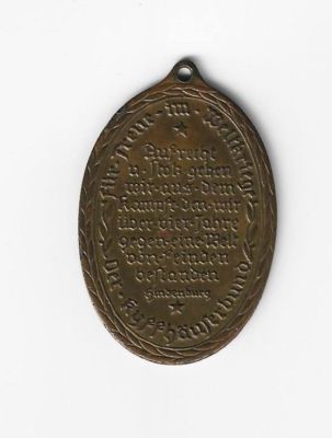 Click to view full size image
==============
Harold Eugene Cooley Medal (Back)
THIS HAS BEEN RETURNED TO FAMILY
World War I Medal Back
Harold Eugene Cooley Medal (Back)
THIS HAS BEEN RETURNED TO FAMILY
World War I Medal Back