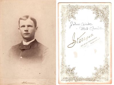 Click to view full size image
==============
John Henry Conde
THIS HAS BEEN DONATED TO THE CHARLTON, NEW YORK HISTORICAL SOCIETY
This Cabinet Card Photo states: "My Uncle, John Conde, West Charlton"
The Photographers name is "Sterry & Co.", Albany, New York
John Henry Conde
THIS HAS BEEN DONATED TO THE CHARLTON, NEW YORK HISTORICAL SOCIETY
This Cabinet Card Photo states: "My Uncle, John Conde, West Charlton"
The Photographers name is "Sterry & Co.", Albany, New York