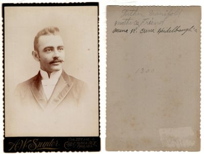 Luther Calvin Manifold

This Cabinet Card Photo states: "Luther Manifold, mother's friend, Mana R. Cresse Heidelbaugh's"

The Photographers name is "H. W. Snyder", Philadelphia, Pennsylvania

