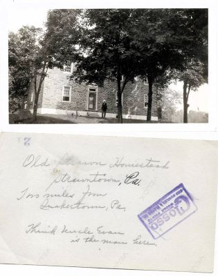 Old Strawn Homestead, Quakertown, Pennsylvania

THIS HAS BEEN DONATED TO THE QUAKERSTOWN HISTORICAL SOCIETY

This photo states: "Old Strawn Homestead, Strawntown, Pennsylvania (two miles from Quakertown, Pennsylvania.
Think Uncle Evan is the man here"
