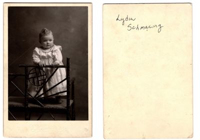 Click to view full size image
==============
Lydia Emma Duesterbeck
THIS HAS BEEN RETURNED TO FAMILY
This was Donated by DFW.
This Cabinet Card Photo states: "Lydia Schmaling"
NOTE: Writing on Cabinet Card is of new ink using their married name. We believe this is for Lydia Emma Duesterbeck Schmaling.
The Photographers name is "C. W. Docter", Mayville, Wisconsin
Lydia Emma Duesterbeck
THIS HAS BEEN RETURNED TO FAMILY
This was Donated by DFW.
This Cabinet Card Photo states: "Lydia Schmaling"
NOTE: Writing on Cabinet Card is of new ink using their married name. We believe this is for Lydia Emma Duesterbeck Schmaling.
The Photographers name is "C. W. Docter", Mayville, Wisconsin