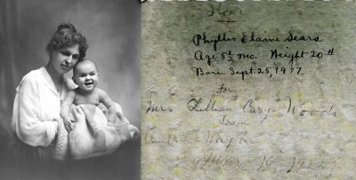 Click to view full size image
==============
Ilone G. Gallimore Sears & Phyllis Elaine Sears
THIS HAS BEEN RETURNED TO FAMILY
This Photo is Identified as "Ilone G. (Gallimore) Sears & Phyllis Elaine Sears."
The Reverse side of this Photo States: "Ilone? Phyllis Elaine Sears. Age 5 1/2 months, weight 20#. Born 25 September 1917. For Mrs. Lillian Carey Woods, From Aunt ___? Waylon? 18 March 1925."
The Photographers name is "Lanby?", Xenia, Ohio.
Ilone G. Gallimore Sears & Phyllis Elaine Sears
THIS HAS BEEN RETURNED TO FAMILY
This Photo is Identified as "Ilone G. (Gallimore) Sears & Phyllis Elaine Sears."
The Reverse side of this Photo States: "Ilone? Phyllis Elaine Sears. Age 5 1/2 months, weight 20#. Born 25 September 1917. For Mrs. Lillian Carey Woods, From Aunt ___? Waylon? 18 March 1925."
The Photographers name is "Lanby?", Xenia, Ohio.