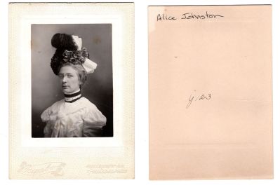 Click to view full size image
==============
Alice Johnston
This was Donated by Denise Ayers
This photo mounted on board states: "Alice Johnston"
The Photographers name is "Rambo", Philadelphia, Pennsylvania
Alice Johnston
This was Donated by Denise Ayers
This photo mounted on board states: "Alice Johnston"
The Photographers name is "Rambo", Philadelphia, Pennsylvania