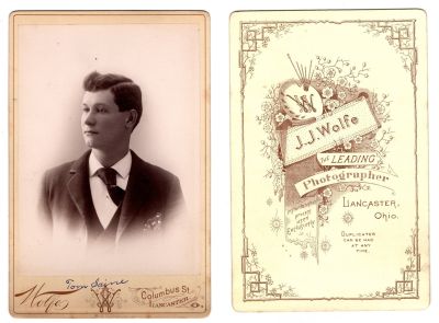 Click to view full size image
==============
Tom Saine
This was Donated by Denise Ayers
This Cabinet Card Photo states: "Tom Saine"
The Photographers name is "J. J. Wolfe", Lancaster, Ohio
Tom Saine
This was Donated by Denise Ayers
This Cabinet Card Photo states: "Tom Saine"
The Photographers name is "J. J. Wolfe", Lancaster, Ohio