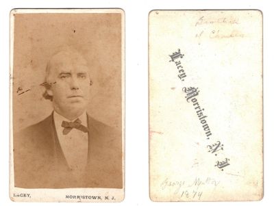 Click to view full size image
==============
George Mattox
This was Donated by by Cheryl Webber/The Terry Girls Genealogy.
This CdV Photograph states: "brother of Charles, George Mattox, 1874"
The Photographers name is "Lacey", Morristown, New Jersey
George Mattox
This was Donated by by Cheryl Webber/The Terry Girls Genealogy.
This CdV Photograph states: "brother of Charles, George Mattox, 1874"
The Photographers name is "Lacey", Morristown, New Jersey