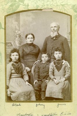 Orah, Johnny, Jennie, Grandmother Eckles & Grandfather Eckles
This Cabinet Card Photo was Donated by a Anonymous Donor.

This Cabinet Card Photo States: "Orah, Johnny, Jennie & Grandmother & Grandfather Eckles."

