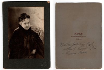 Click to view full size image
==============
Mary Ann Cartridge Nash
This photo mounted on board states: "Mrs. Mary Ann (Cartridge) Nash, mother of Francis A. Wice & Minnie Hama"
The Photographers name is "Martyn", Chicago, Illinois.
Mary Ann Cartridge Nash
This photo mounted on board states: "Mrs. Mary Ann (Cartridge) Nash, mother of Francis A. Wice & Minnie Hama"
The Photographers name is "Martyn", Chicago, Illinois.