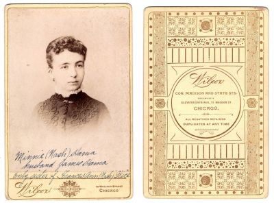 Rosa Minnie Nash Hama

This Cabinet Card Photo states: "Minnie (Nash) Hama, husband James Hama, only sister of Frances Ann (Nash) Wice"

The Photographers name is "Wilcox", Chicago, Illinois
