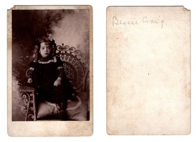 Bessie Craig

This was Donated by Sue Maurer

This Cabinet Card Photo states: "Bessie Craig"

The Photographers name is "Hurst", Philadelphia, Pennsylvania
