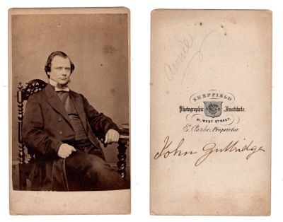 Click to view full size image
==============
John Gulbridge
This CdV Photograph states: "John Gulbridge"
NOTE: It also has the name Annie written in pencil
The Photographers name is "E. Parker, Proprietor", Sheffield, England
John Gulbridge
This CdV Photograph states: "John Gulbridge"
NOTE: It also has the name Annie written in pencil
The Photographers name is "E. Parker, Proprietor", Sheffield, England