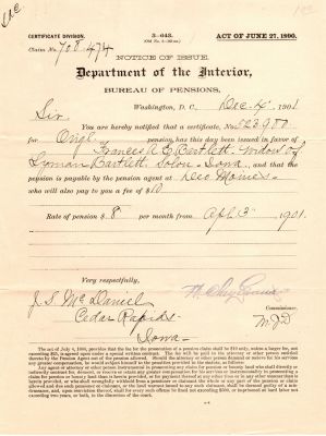 Pvt. Lyman Bartlett
THIS HAS BEEN RETURNED TO FAMILY

These Pension Papers were Donated by Mary Muhlfeld

Pension Papers for Pvt. Lyman Bartlett
