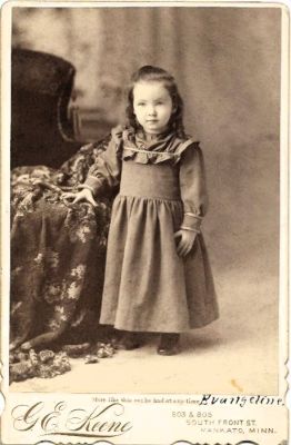 Click to view full size image
==============
Evangeline Augusta Husband
THIS HAS BEEN RETURNED TO FAMILY
This Cabinet Card has "Evangeline" on The front side. On the back it has "December 13, 1892, 333 Clarke Street, Mankato, Minnesota
The photographer is "G. E. Keene" 803 & 805 South Front Street, Mankato, Minnesota
Evangeline Augusta Husband
THIS HAS BEEN RETURNED TO FAMILY
This Cabinet Card has "Evangeline" on The front side. On the back it has "December 13, 1892, 333 Clarke Street, Mankato, Minnesota
The photographer is "G. E. Keene" 803 & 805 South Front Street, Mankato, Minnesota