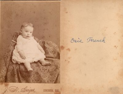 Osey Gail French

This Cabinet Card Photo states: "Osie French"

The Photographers name is "J. H. Seiger", Concordia, Kansas
