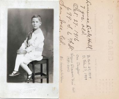 Laurance Lisle Hull

THIS HAS BEEN RETURNED TO FAMILY

This is Laurance Lisle Hull, 7 years old. Taken on 17 October 1916. Taken at 699 S. E. 6th Street, San Jose, California, USA

See Back of Postcard Photo (RPPC) for Description.
