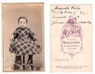 Auguste Felix

This was Donated by Cheryl Webber/The Terry Girls Genealogy.

This CdV Photograph states: "Auguste Felix,
4th son of Auguste D. &
Jerusha (Pitkin) Schlesinger"

Research by Susan Sonju: Sadly, he died in 1882 at the age of 17. He was the second child they named Auguste. The first one died at age 2.

The Photographers name is "S. Poe", Flushing, Long Island, New York
