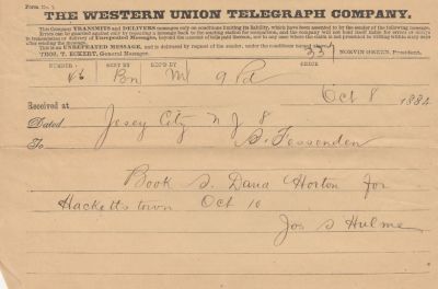 Joseph Stokes Hulme

This Telegram was sent by Joseph S. Hulme sent on 8 October 1884.

