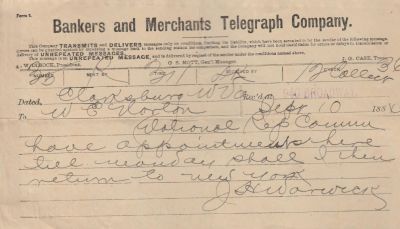 James Henry Warwick

This Telegram was sent on 10 September 1884 by J. H. Warwick.
