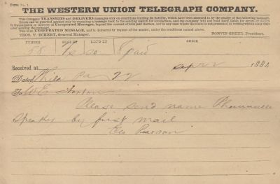 George Pearson

This Telegram was Sent on 22 April 1884 by Geo. Pearson.
