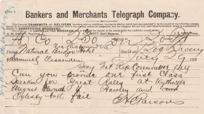 Col. Henry Chester Parsons

This Telegram was sent on 29 July 1884 by H. C. Parsons. H. C. Parsons is Col. Henry Chester Parsons.

