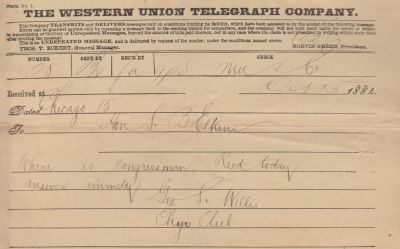 George S. Willis

This Telegram was Sent on 15 October 1884 by Geo. S. Willis.

