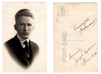 Rev. Joseph Stuart Hydanus

This was Donated by Cheryl Webber/The Terry Girls Genealogy

This Real Photo Postcard (RPPC) states: "Sincerely, Joseph Hydanus, 1 Jno. 1:8, 16, Randolph, Wisconsin"
