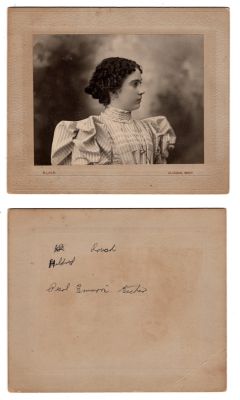 Click to view full size image
==============
Hildred V. Roush
This photo mounted on board states: "Hildred Roush
Pearl Emmons' teacher"
The Photographers name is "Blair", Allegan, Michigan
Hildred V. Roush
This photo mounted on board states: "Hildred Roush
Pearl Emmons' teacher"
The Photographers name is "Blair", Allegan, Michigan