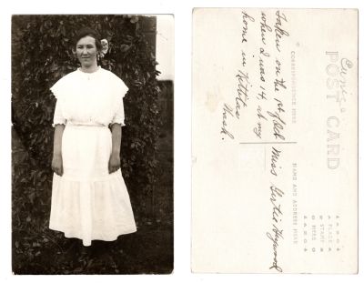 Unidentified At This Time

This was Donated by Cheryl Webber/The Terry Girls Genealogy

This Real Photo Postcard (RPPC) states: " Eunice (written on top in pencil)

"taken on the 1st of October when I was 14, at my home in Kittitas, Washington, Miss Gertie Heywood"

NOTE: it is unclear if this is Miss Gertie Heywood or if it is Eunice. The RPPC could of been marked that it was Miss Gertie Heywood and a copy given to Eunice OR this is Eunice and this was to be sent to Miss Gertie Heywood

Further research is needed
